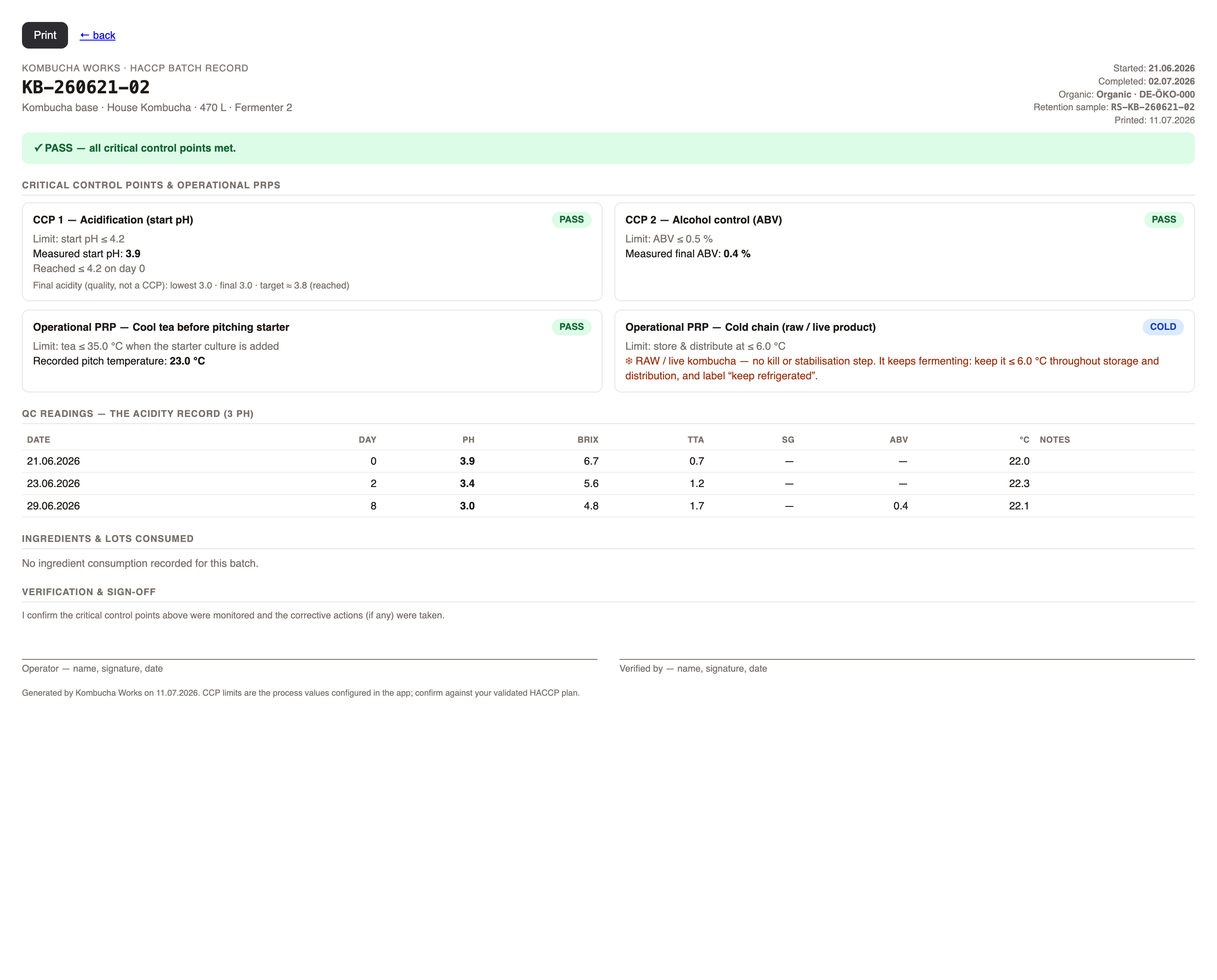 A KBi-aligned HACCP batch record in BrauMo — acidification and alcohol control points passing