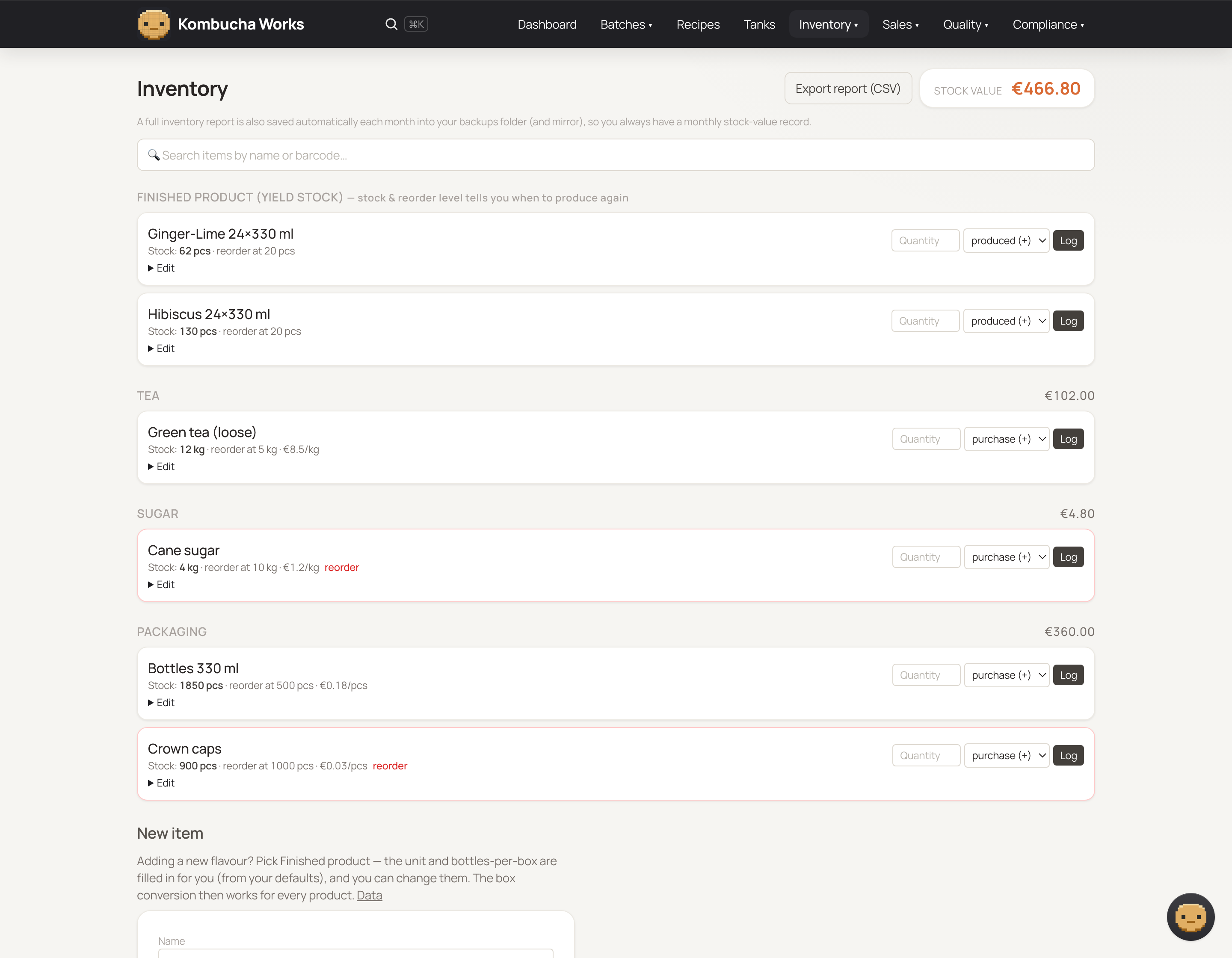 BrauMo inventory grouped by category, with stock levels and low-stock reorder flags
