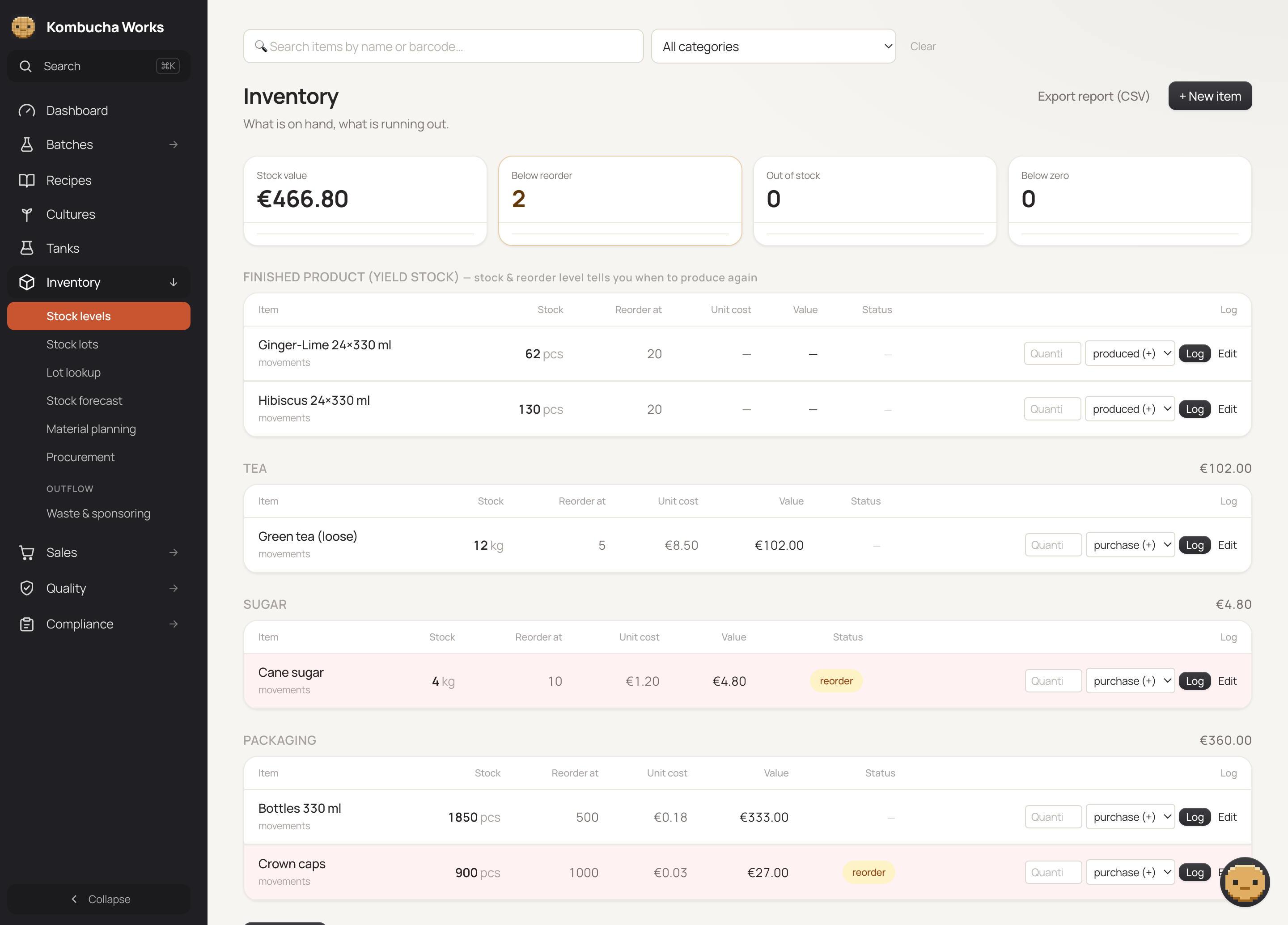 BrauMo inventory grouped by category, with stock levels and low-stock reorder flags