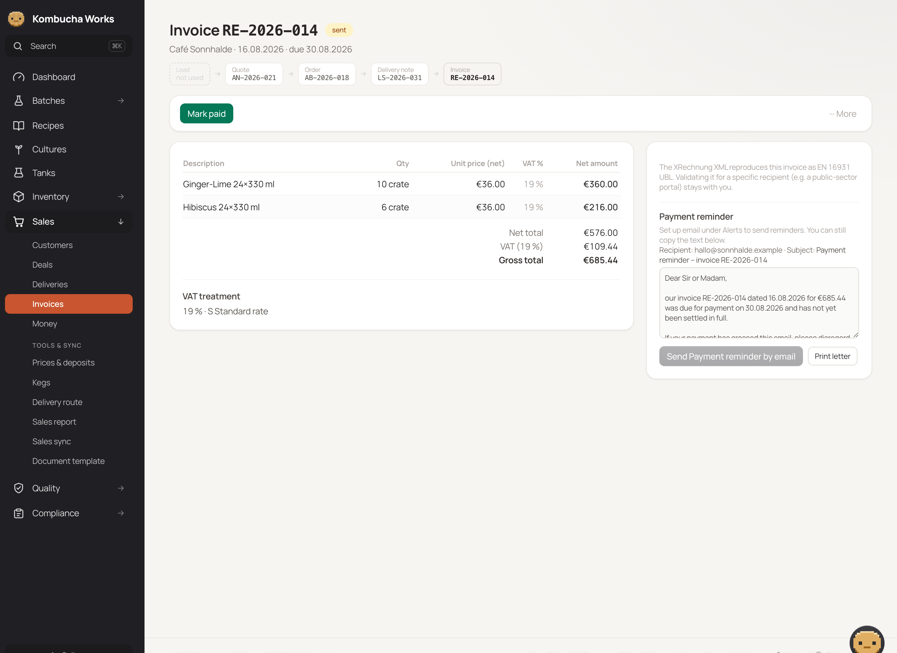 A finished BrauMo invoice as a printable A4 document: German business-letter layout with VAT breakdown, ready for the Steuerberater