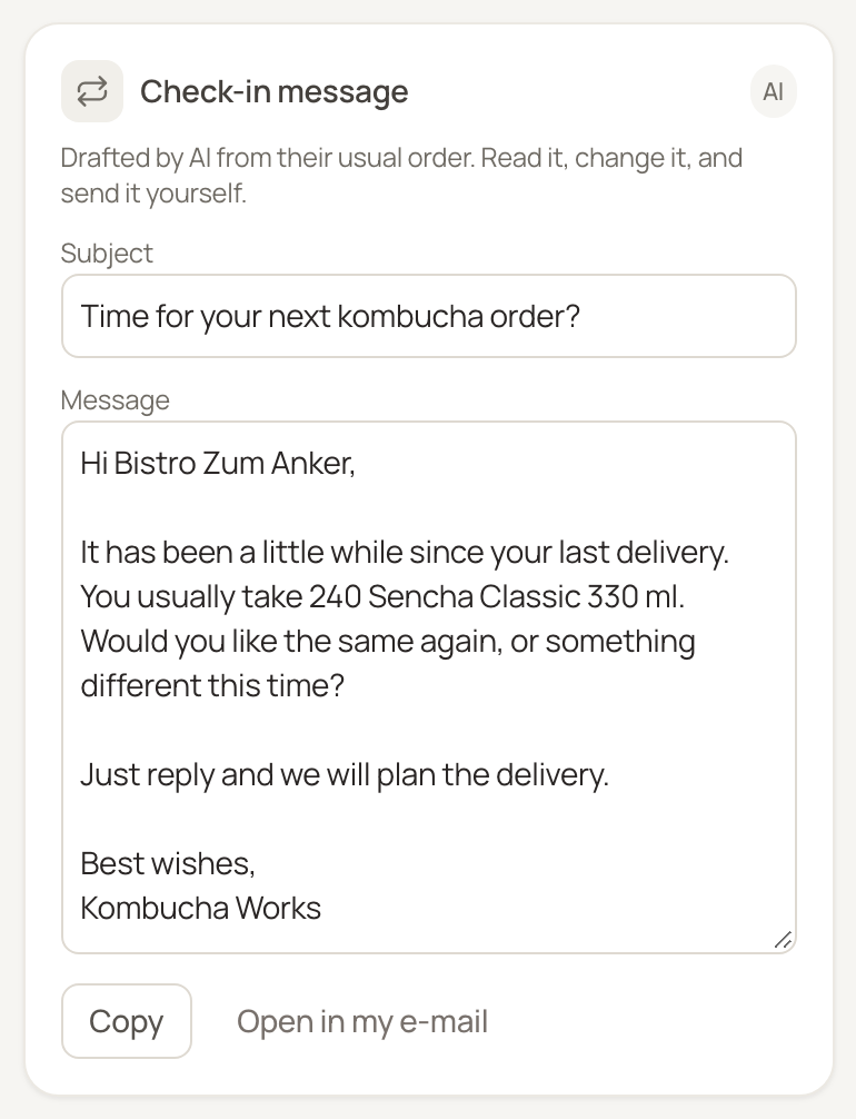 Uma mensagem de acompanhamento redigida para um cliente que está na hora de repetir o pedido, com assunto, mensagem e botões para copiá-la ou abri-la no seu próprio e-mail.