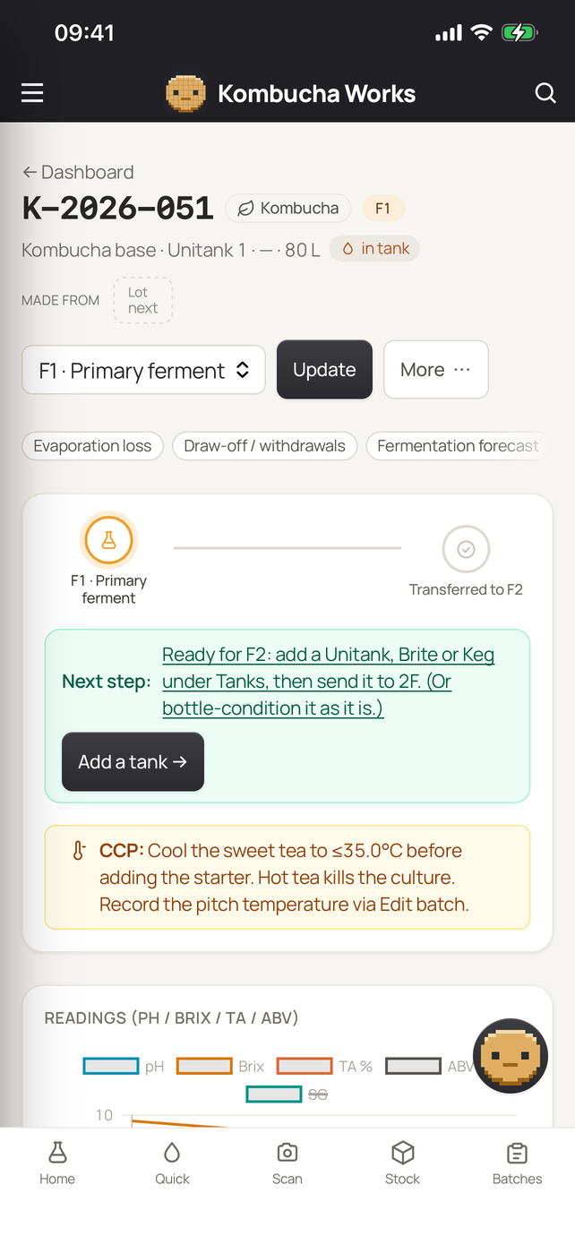 The BrauMo app on an iPhone, showing a kombucha batch in primary ferment, with its next step and the control point note to cool the tea before pitching.