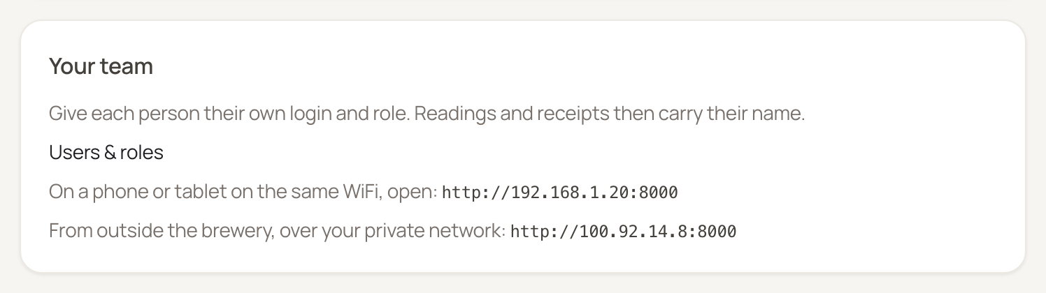 The Your team card in BrauMo's settings, showing the address for devices on the brewery WiFi and the address for computers on the private network.